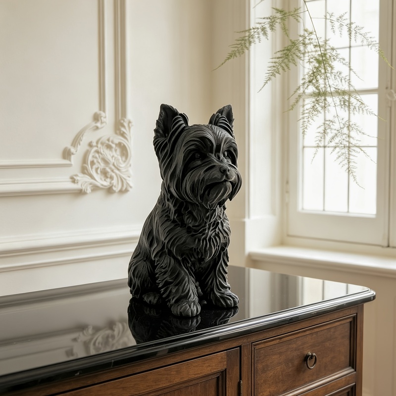 3D Printing Yorkshire - 3D-gedruckte mattschwarze Yorkshire Terrier-Statue, fein strukturierte